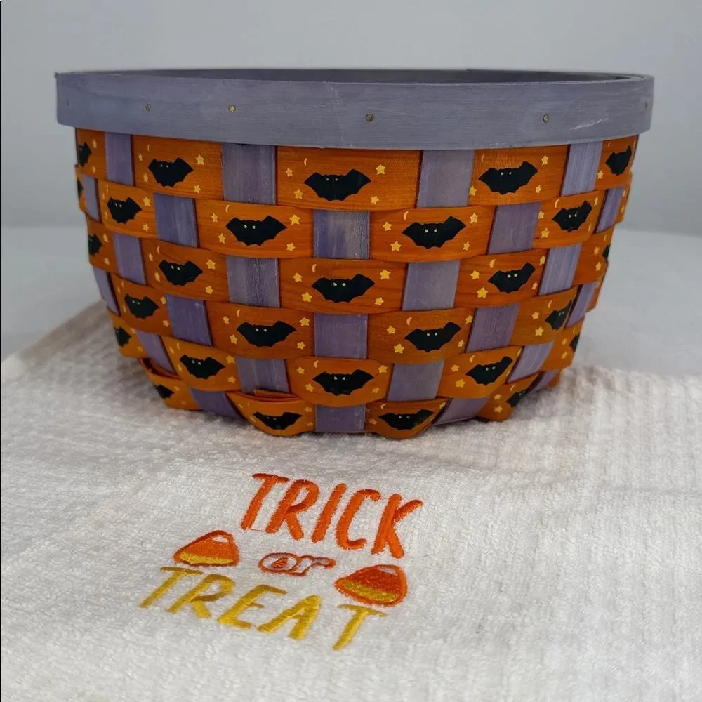 Halloween Basket Bowl Bats Orange Purple Black Decor Woven +Trick-or-treat towel